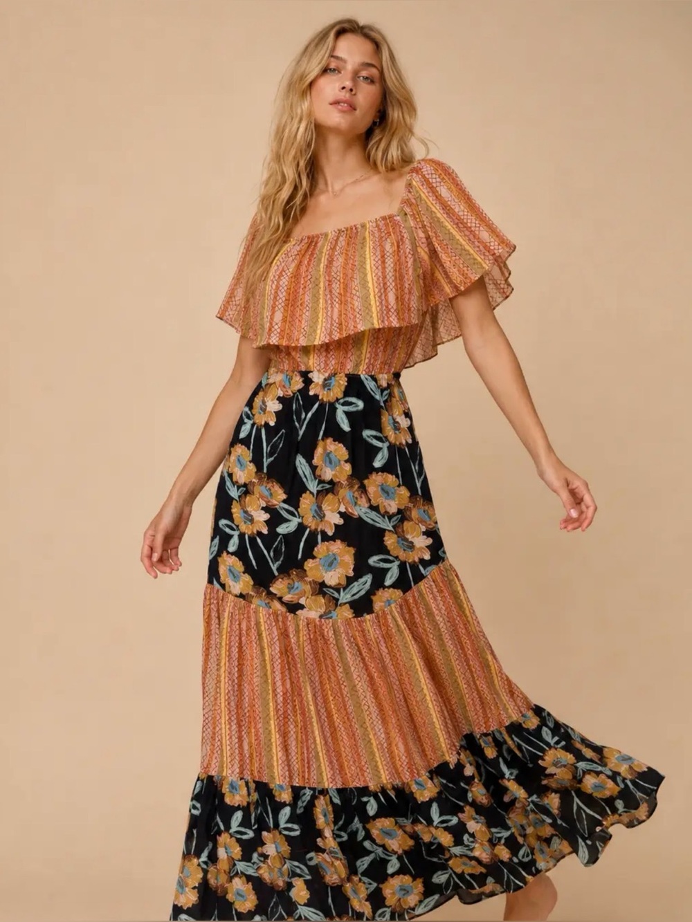Boho Floral Tiered Maxi Dress - Orange & Black